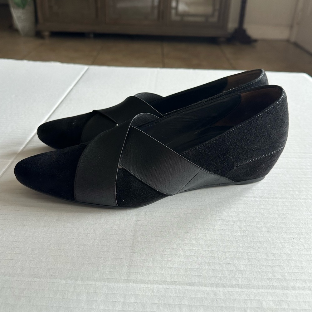 Paul Green Daniella Leather Loafers Sz 6.5 Women Black Flats Stretch Strap Shoes
